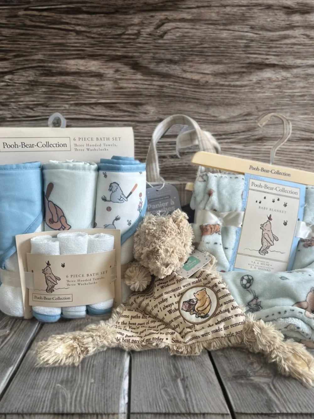 Pooh-Bear-Collection Baby Blanket & Bath Set in Baby Blue and Cream Sports Theme